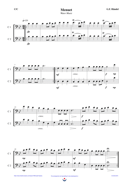 Free Sheet Music Menuet Water Music Easy Brass Duet Nb 6 C C