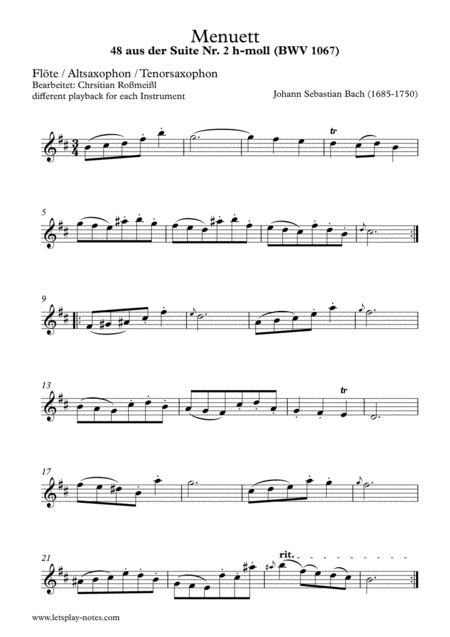 Free Sheet Music Menuett From Js Bach Orchestral Suit No 2