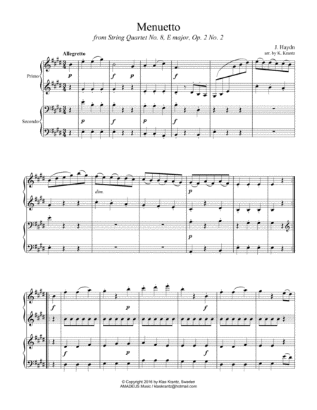 Menuetto For Easy Piano Duet 1 Piano 4 Hands Sheet Music