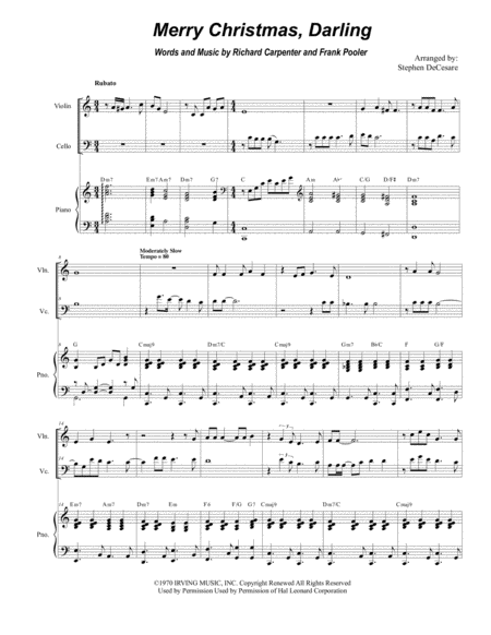 Free Sheet Music Merry Christmas Darling Duet For Violin And Cello