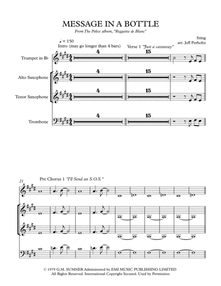 Message In A Bottle For Three Piece Horn Section To Accompany A Rock Band Sheet Music