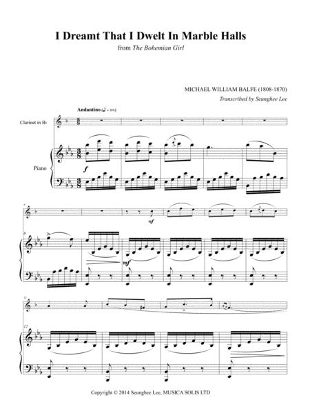 Free Sheet Music Michael Balfe I Dreamt That I Dwelt In Marble Halls For Clarinet And Piano