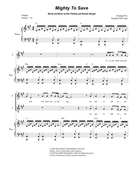 Free Sheet Music Mighty To Save For 2 Part Choir Sop Ten