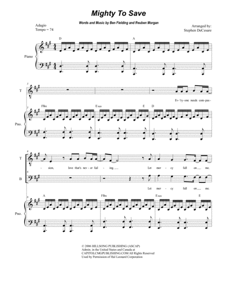 Free Sheet Music Mighty To Save For 2 Part Choir Tb