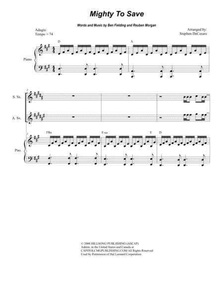 Free Sheet Music Mighty To Save For Saxophone Quartet