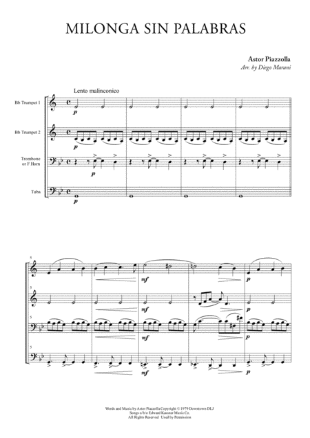 Free Sheet Music Milonga Sin Palabras For Brass Quartet