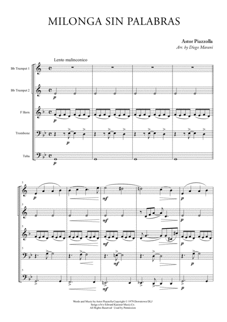 Milonga Sin Palabras For Brass Quintet Sheet Music