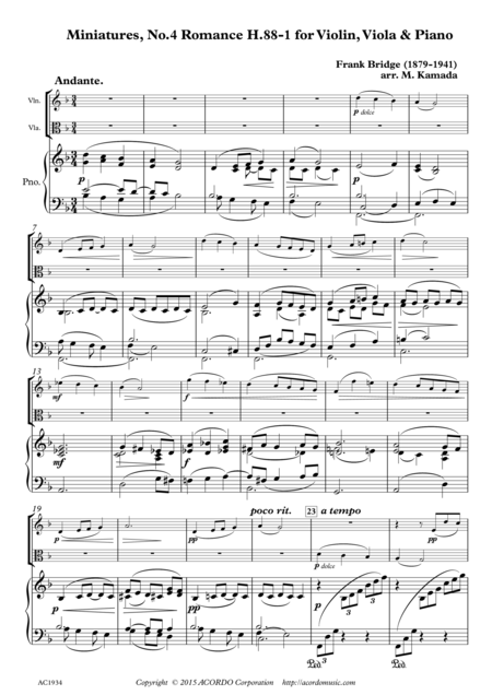 Miniatures No 4 Romance H 88 1 For Violin Viola Piano Sheet Music