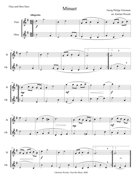 Minuet For Two Oboes By Telemann Sheet Music