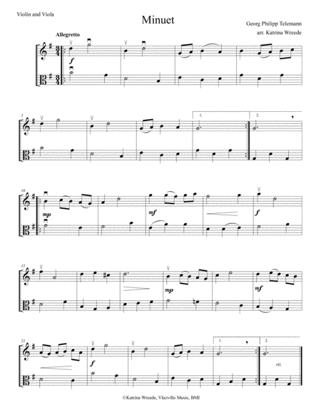 Free Sheet Music Minuet For Violin And Viola By Telemann