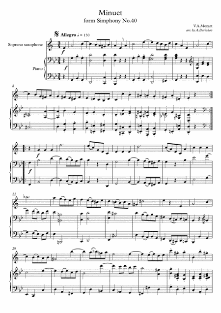 Free Sheet Music Minuet From Siphony No 40 Saxophone Soprano