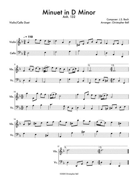 Free Sheet Music Minuet In D Minor Anh 132 Violin Cello Duet