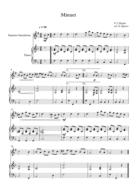 Minuet In F Major Franz Joseph Haydn For Soprano Saxophone Piano Sheet Music