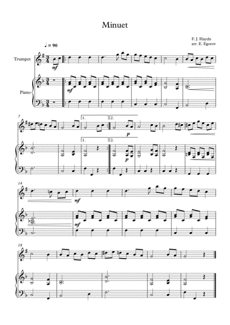 Free Sheet Music Minuet In F Major Franz Joseph Haydn For Trumpet Piano