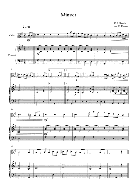 Minuet In F Major Franz Joseph Haydn For Viola Piano Sheet Music