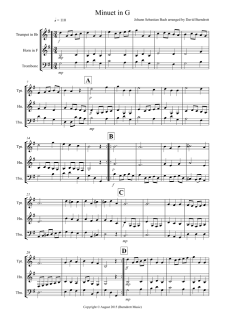 Free Sheet Music Minuet In G By Bach For Brass Trio