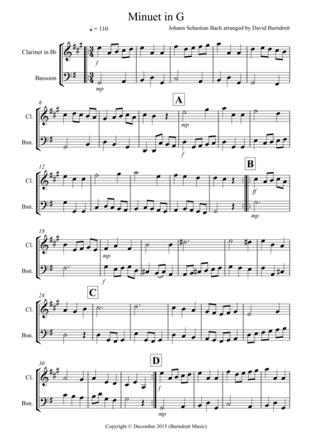 Minuet In G By Bach For Clarinet And Bassoon Duet Sheet Music