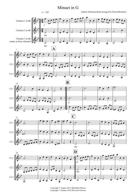 Free Sheet Music Minuet In G By Bach For Clarinet Trio