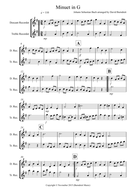 Free Sheet Music Minuet In G By Bach For Recorder Duet