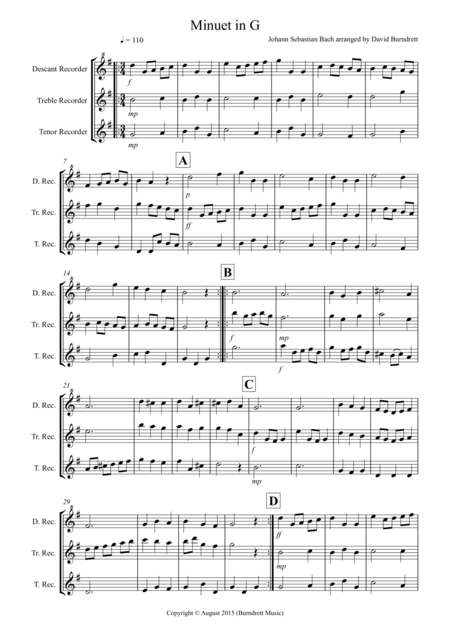 Free Sheet Music Minuet In G By Bach For Recorder Trio