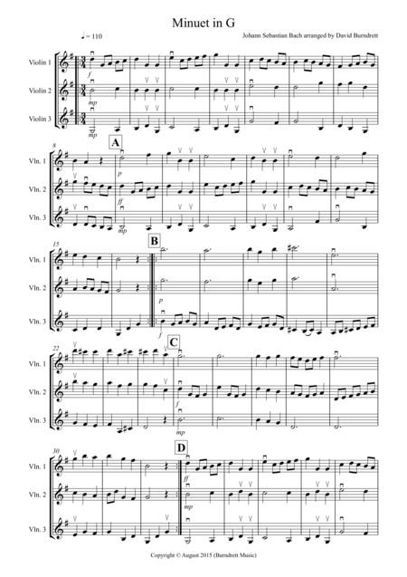 Free Sheet Music Minuet In G By Bach For Violin Trio