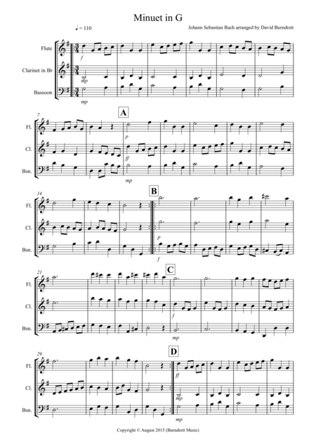 Minuet In G By Bach For Wind Trio Sheet Music