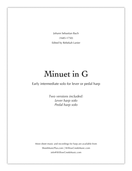 Minuet In G By Bach Solo Lever Or Pedal Harp Sheet Music