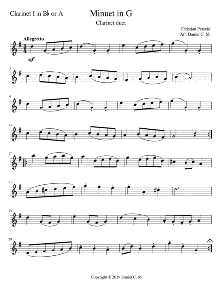 Free Sheet Music Minuet In G Clarinet Duet