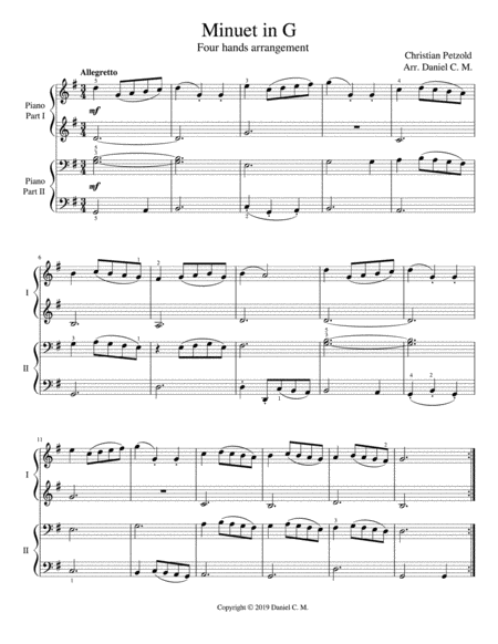 Free Sheet Music Minuet In G For Piano Duet