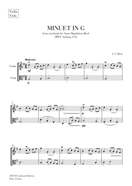 Minuet In G From Anna Magdalena Notebook For Violin And Viola String Duet Sheet Music