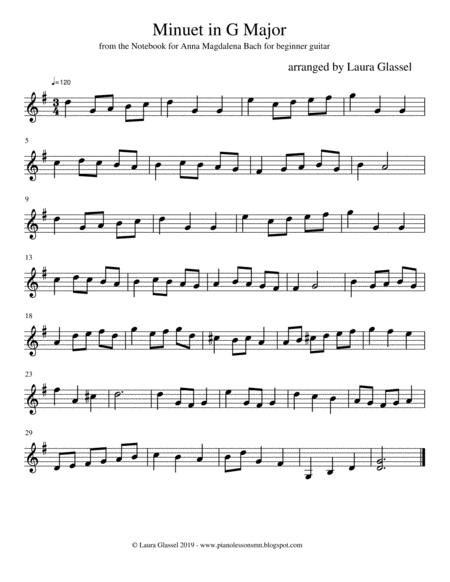 Minuet In G Major For Beginner Guitar Sheet Music