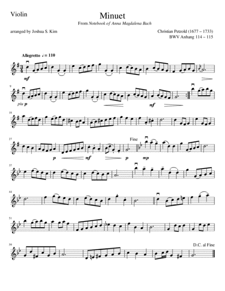 Minuet In G Major For String Trio Violin Cello Contrabass From Notebook Of Anna Magdalena Bach Sheet Music