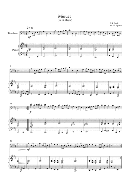 Minuet In G Major Johann Sebastian Bach For Trombone Piano Sheet Music