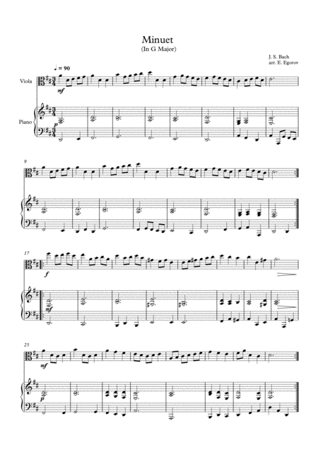 Free Sheet Music Minuet In G Major Johann Sebastian Bach For Viola Piano