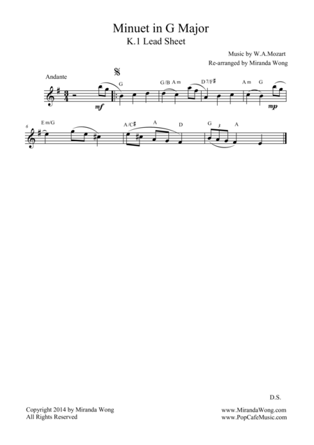 Free Sheet Music Minuet In G Major K 1 Mozart For Saxophone Solo