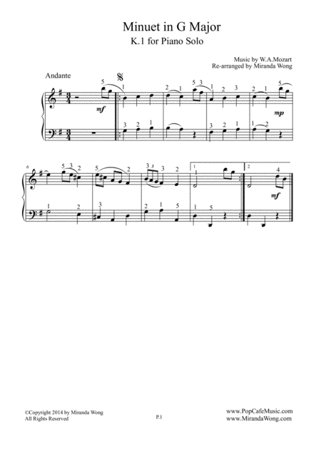 Minuet In G Major K 1 Piano Solo With Fingerings Sheet Music