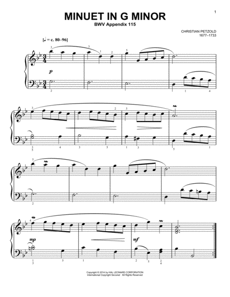 Free Sheet Music Minuet In G Minor Bwv Anh 115