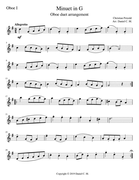 Minuet In G Oboe Duet Sheet Music