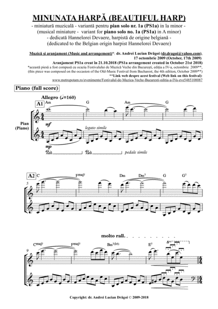 Minunata Harp Beautiful Harp Musical Miniature Variant For Piano Solo No 1a Ps1a In A Minor Sheet Music