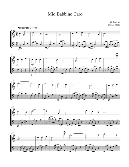 Free Sheet Music Mio Babbino Caro For Violin Cello Duet