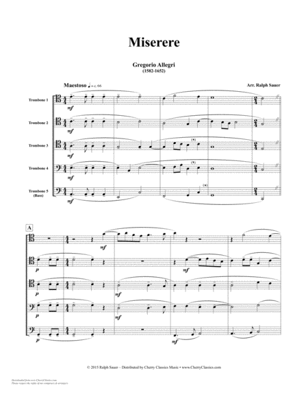 Free Sheet Music Miserere For 5 Part Trombone Ensemble