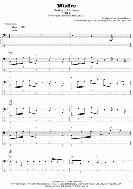 Misfire Queen John Deacon Complete And Accurate Bass Transcription Whit Tab Sheet Music