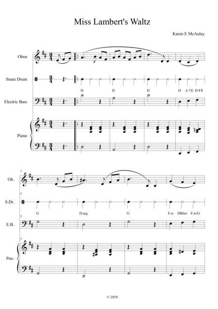 Free Sheet Music Miss Lamberts Waltz Oboe And Piano Optional Side Drum Bass Guitar