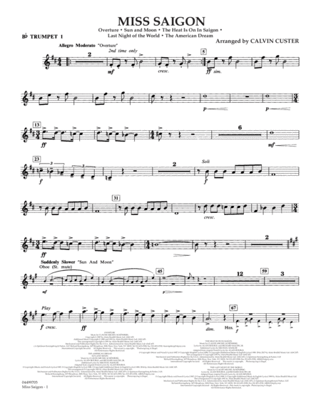 Miss Saigon Arr Calvin Custer Bb Trumpet 1 Sheet Music