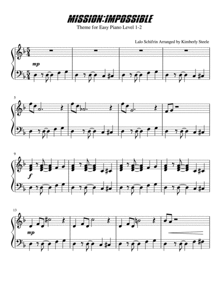 Mission Impossible Theme For Easy Piano Level 1 2 In D Minor Sheet Music