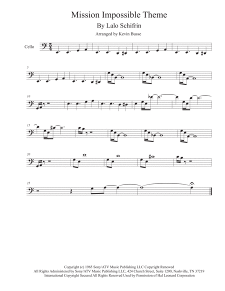 Mission Impossible Theme From The Paramount Television Series Mission Impossible Cello Sheet Music
