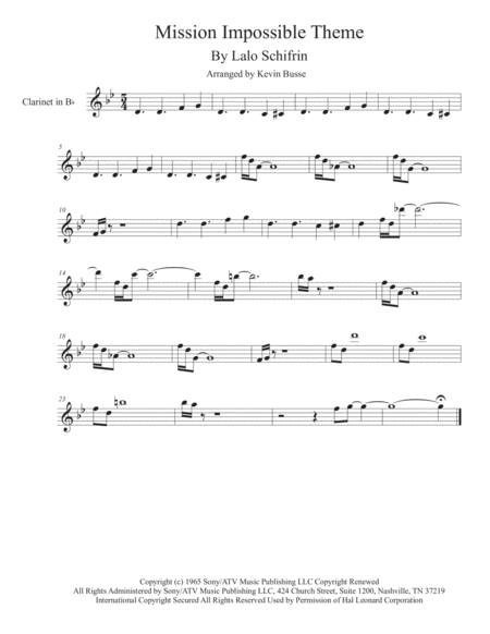 Free Sheet Music Mission Impossible Theme From The Paramount Television Series Mission Impossible Clarinet