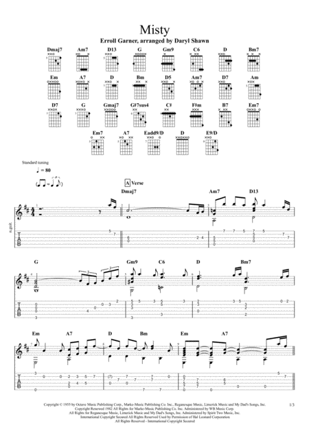 Misty Erroll Garner For Solo Fingerstyle Guitar Sheet Music