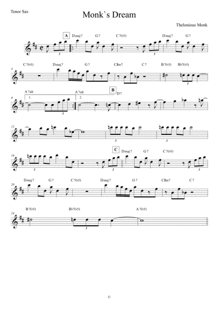 Free Sheet Music Monks Dream Tenor Sax