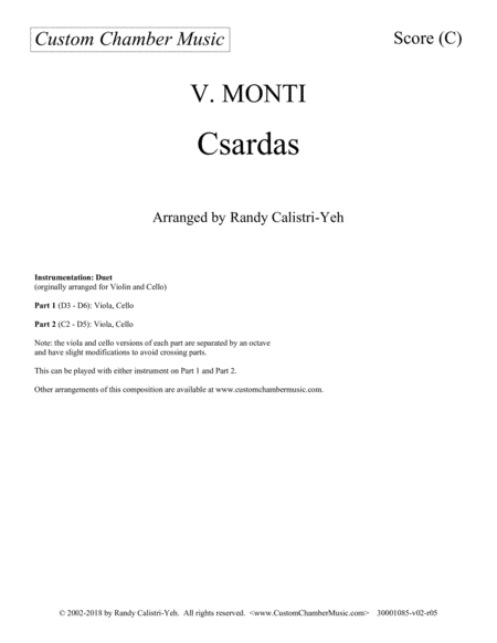 Monti Csardas Czardas Duet For 2 Violas Cellos Or Viola And Cello Sheet Music